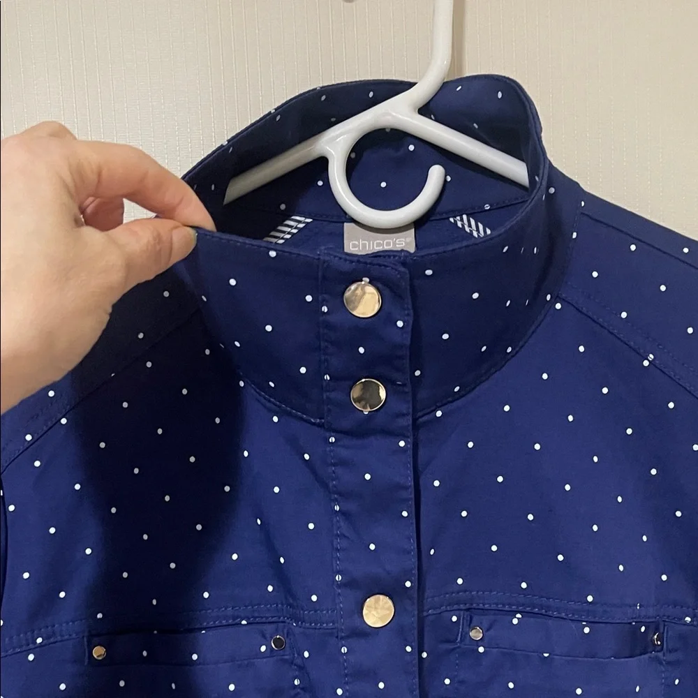 NWOT Chico's Luxe Twill  Stylish Navy Blue With White Polka Dot Utility Jacket - Picture 13 of 15